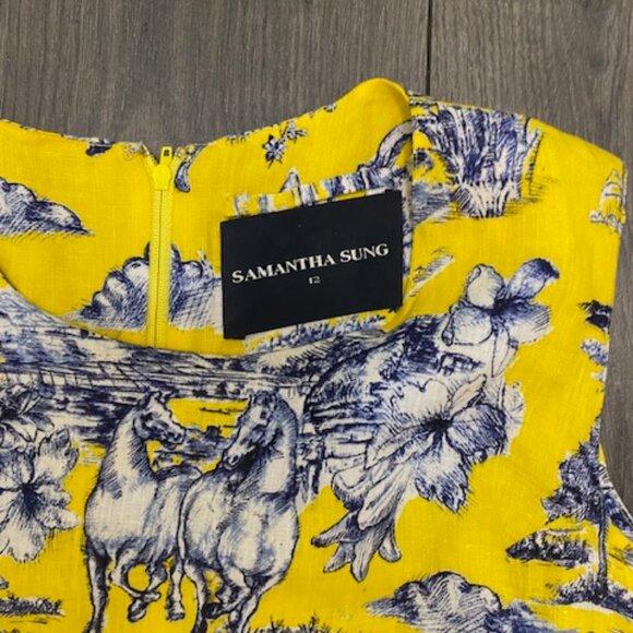 Samantha Sung Sleeveless Blue Yellow Linen Maxi Dress Size 12 - Picture 3 of 11